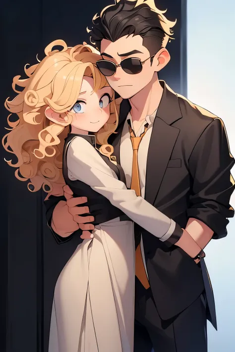 (A short blonde girl with curly long hair), (hugging), (boy with faux hawk black hair and sunglasses)
