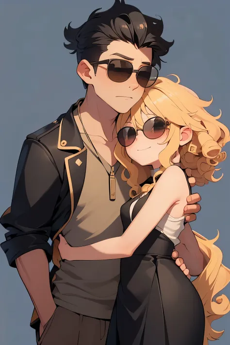 (a short blonde girl with curly long hair), (hugging), (boy with faux hawk black hair and sunglasses)