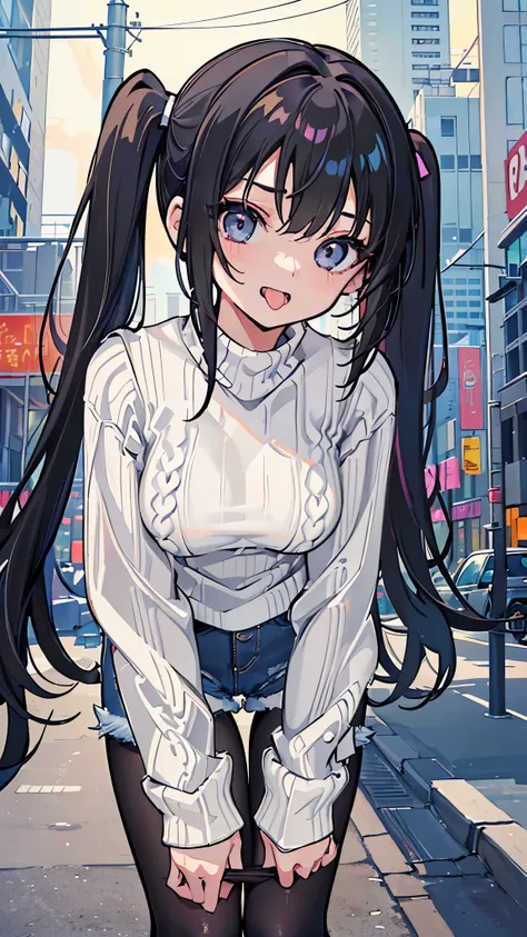 (8K、Highest quality、highest quality、masterpiece)、Detailed face、((One girl))、Black Hair、Long Hair、twintails、Grey Eyes、evil smile、((Open your mouth and extend your tongue))、Small breasts、((White sweater))、((denim short shorts))、((black pantyhose))、((bent ove...