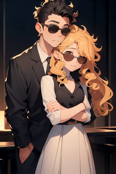 (a short blonde girl with curly long hair), (hugging), (boy with faux hawk black hair and sunglasses)