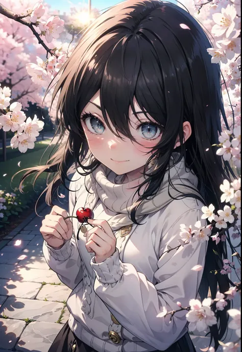 Shana,灼眼のShana,Long Hair,Black Hair, (black eye:1.5) Small breasts,smile,blush,White Sweater,Long skirt,Black pantyhose,Mini Boots,Cherry blossom tree-lined path,Cherry blossoms are blooming,Cherry blossoms are scattered,morning,morning陽,The sun is rising,...