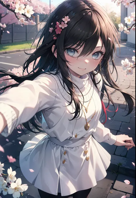 Shana,灼眼のShana,Long Hair,Black Hair, (black eye:1.5) Small breasts,smile,blush,White Sweater,Long skirt,Black pantyhose,Mini Boots,Cherry blossom tree-lined path,Cherry blossoms are blooming,Cherry blossoms are scattered,morning,morning陽,The sun is rising,...