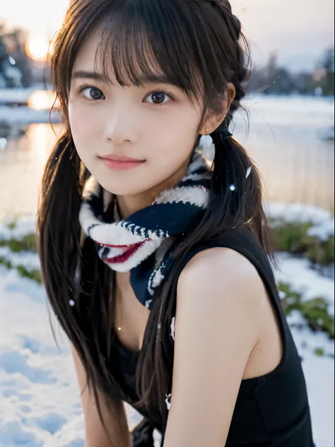 (she has a slim figure, small breasts and long hair in twin tails.、close-up portrait of a girl wearing a scarf :1.5)、(one girl w...