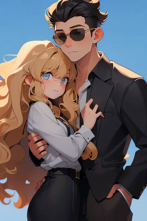 (a short blonde girl with curly long hair), (hugging), (boy with faux hawk black hair and sunglasses)