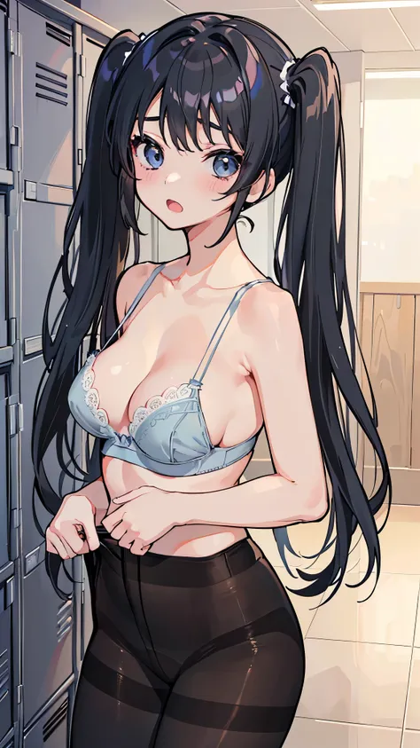 (8K、Highest quality、highest quality、masterpiece)、Detailed face、((One girl))、Black Hair、Long Hair、twintails、Grey Eyes、blush、((Open Mouth))、Small breasts、((light blue bra))、((black pantyhose))、Cowboy Shot、Locker Room Background NSFW
