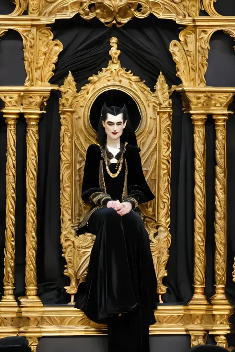 court grande dame, aristocratic appearance, dark and intimidating look and with a wicked and malicious smile, gloomy and mysteri...