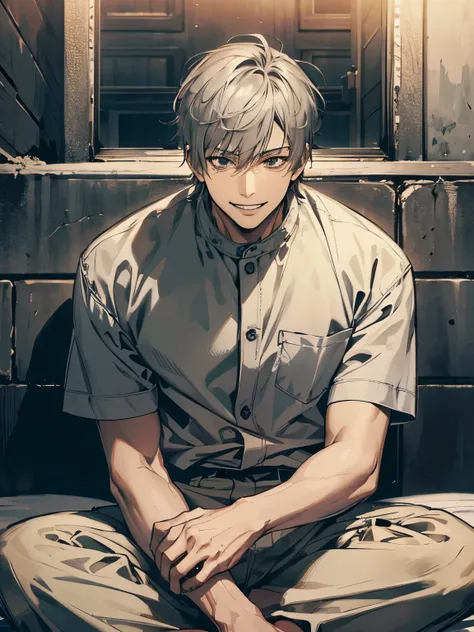 (masterpiece best quality), alone, 1 man, smiling pervert, sitting on a bed, in a cell, with short gray hair, wearing a prison u...