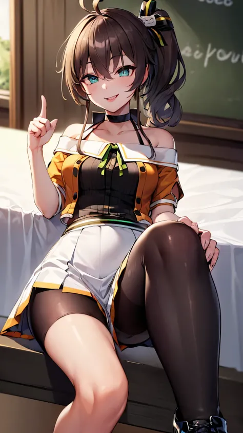  ((((Open your mouth))))、masterpiece,highest quality,High resolution,Ultra-detailed,bb Festival,meだium hair,skinny,Ahoge,Brown Hair,(((((  seductive smile ))))),skinny,Hair between the eyes,bangs,Hair Ribbon,Black Choker,Earrings,Black Ribbon,plaiだ shirt,G...