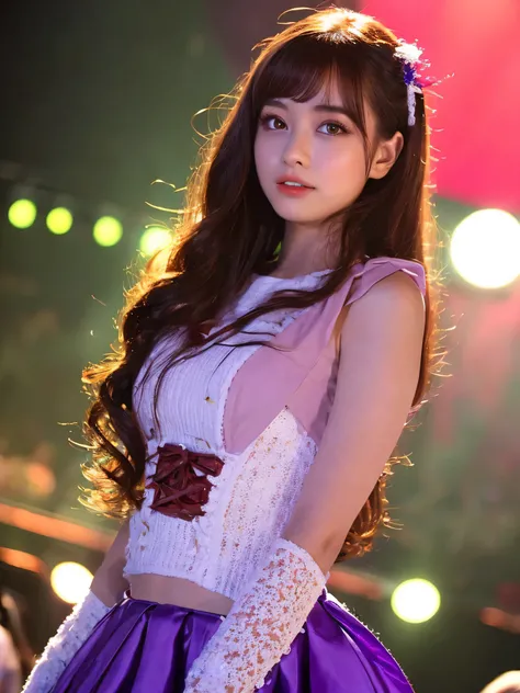 White base with purple-red fluttering costume、tulle skirt、23 years old, perform on stage, concert photos, cute core、(((watching the audience)))、23 years old、Mei Nagano、shooting from above、（Natural and detailed face standing、beautiful and detailed eyes、beau...