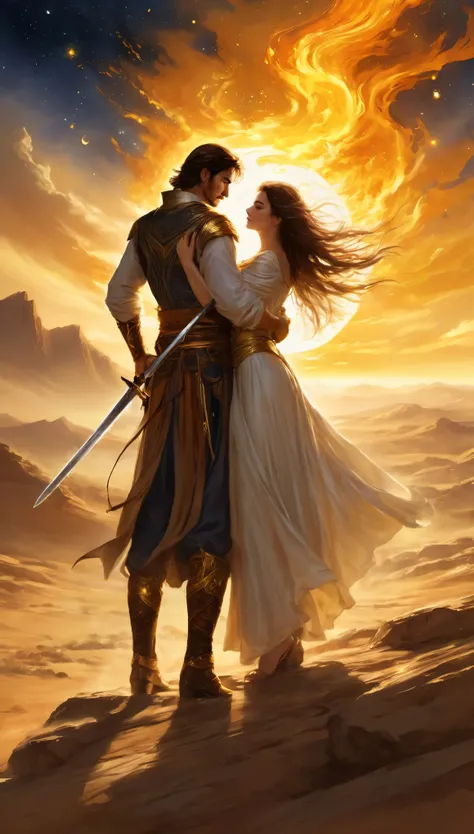 The sun poured down on the barren land, dust dancing in its golden rays, like flames leaping through the air. In this pivotal instant, the man gripped his sword tightly, muscles taut, the blades tip pointing at the enemy, glinting coldly. His eyes were fir...