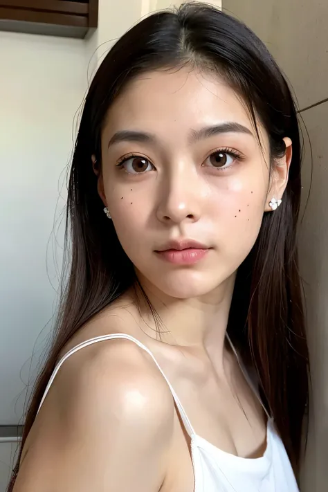 ((best quality)), ((chef-d&#39;artwork)), (detailed), perfect face 23 year old girl of Thai origin from her mother and Spanish from her father, 171cm couleur de peau métissé, cheveux brun et mi long, piercing anneau couleur cuivré, short jean sexy et chemi...