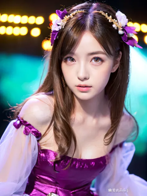 White base with purple-red fluttering costume、tulle skirt、23 years old, perform on stage,  cute core、(((watching the camera))、23 years old、shooting from above、（Natural and detailed face standing、beautiful and detailed eyes、beautiful and dense lips、very det...