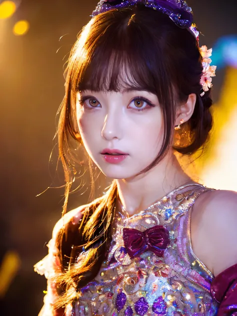 White base with purple-red fluttering costume、tulle skirt、28years old, perform on stage,  cute core、(((watching the camera))、close up face,28 years old、shooting from above、（Natural and detailed face standing、beautiful and detailed eyes、beautiful and dense ...