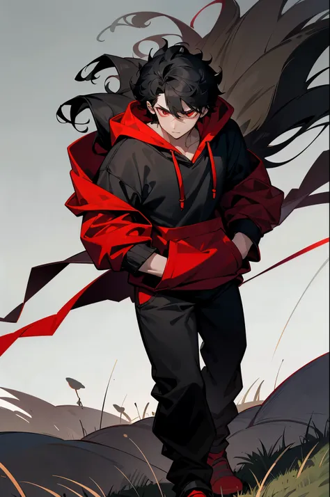 black hair, red spider eyes, red and black open hoodie, black shirt, dark black sweatpants, grassy background,short haiir, curly hair, hands in pockets, young male, muscular, night time, spider