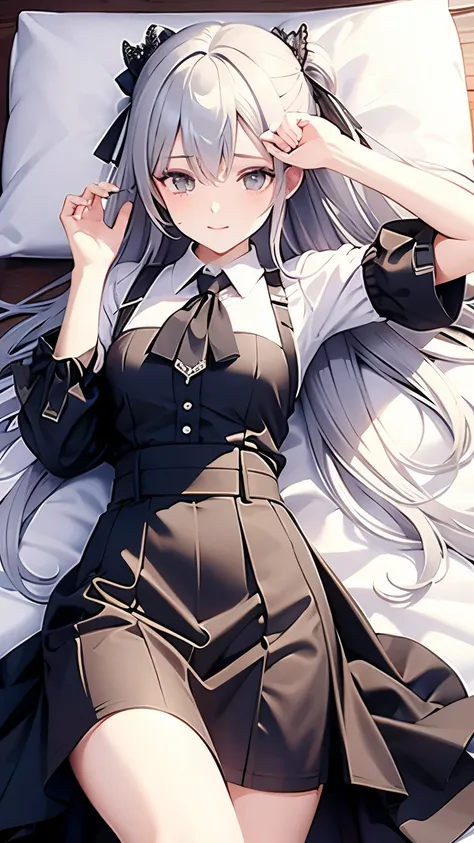 highest quality, Ultra-detailed, Highly detailed illustration, Silver Hair, Aimee, Embarrassing，Proudly，Suspender skirt，Tears，bed，Sleep on your back，Ribbon on chest