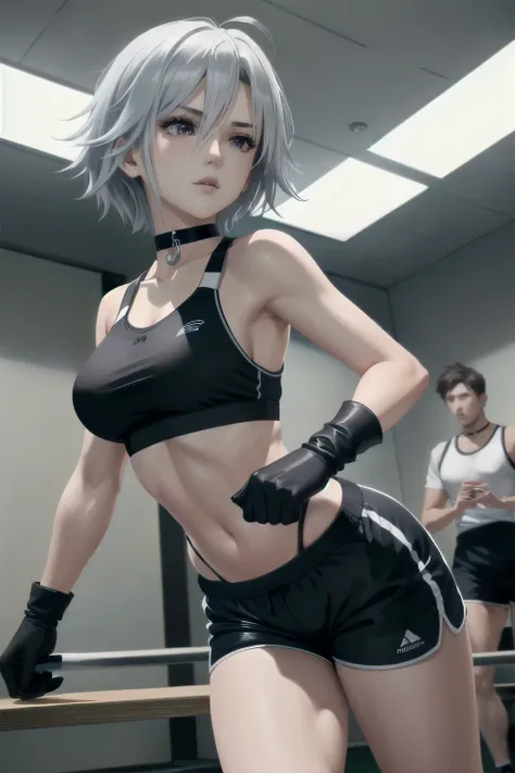 ((ultra detailed, masterpiece, absurdres))
DOAChristie, 1girl, short hair, white hair, purple eyes, in training wears, choker, black choker, Sport bra, white shirt, black trim, sport shorts, black shorts, training gloves, black gloves,