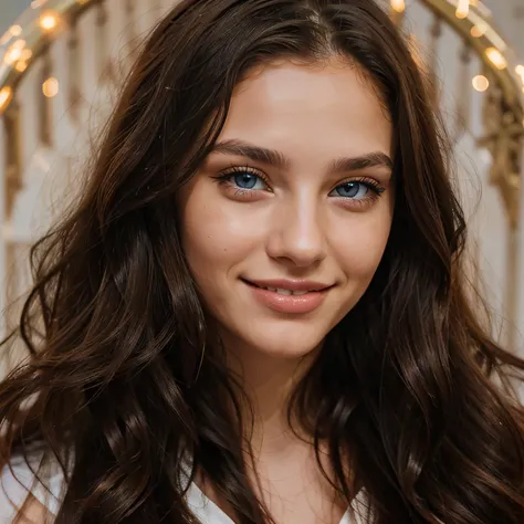 Albanian, Brunette, blue eyes, wavy long hair, perfect face , perfect ears, perfect portrait, perfect portrait background, perfect lips, perfect smile, glowing eyes, happy face