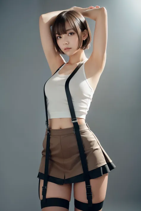 Black Skirt, Tank top　suspenders, Brown short hair, Grey Eyes, holster, Garter belt on the legs, Big and tight clothes, 　　 internal　Armpit sweat　Put your hands behind your head　Expressionless