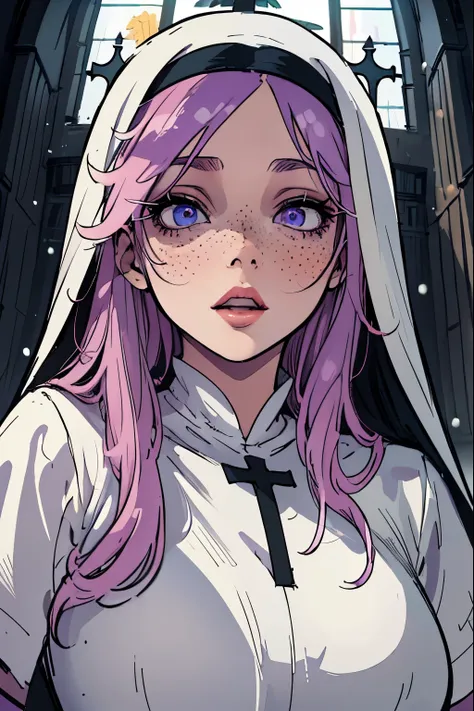 
Masterpiece, best quality, young, shocked expression, portrait, nun, face like she just heard something crazy, snow white skin, shocked expression, wide-eyed, pink full lips, black nun habit, freckles, lavender hair, church setting,