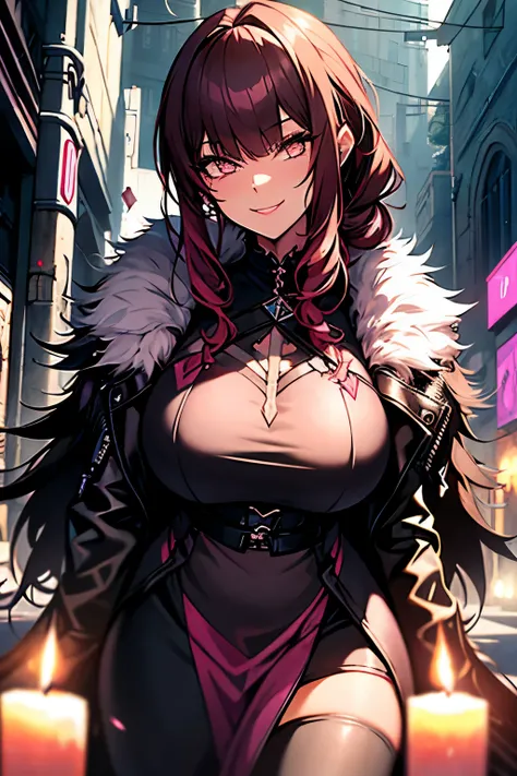 A beautiful gothic woman(plus size) with long black hair (curly haircut with bangs and ponytail), Latin eyes, smiling sweetly, wearing a pink neon elegant dress cyberpunk and a long fur jacket, Empty background of medieval street by candlelight