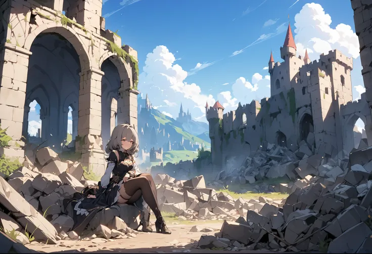 masterpiece, best quality, extremely detailed, (Ruined castle), cloudless sky, rubble,(bard girl),