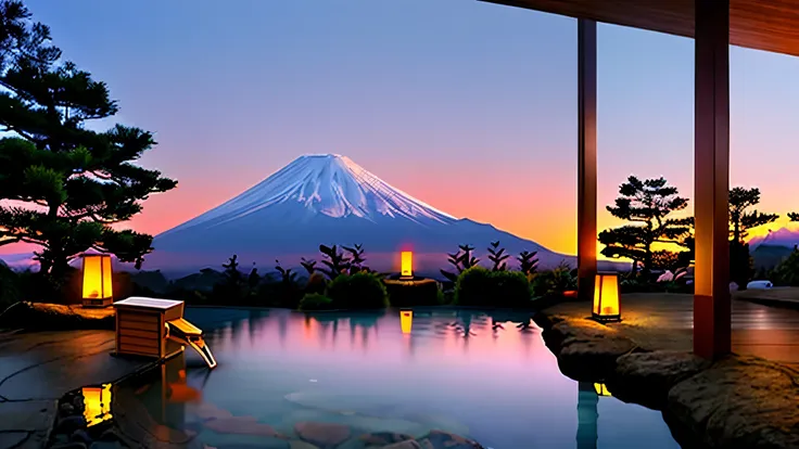 high-end hot spring, japanese hot spring, mount fuji background, reflecting mount fuji, mount fuji in the background, hot spring...