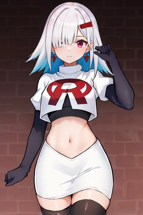 1 girl, alone ,hair covers one eye, hair ornaments ,earrings ,team rocket,team rocket uniform,white skirt,red letter R,crop top,black thigh-highs,black elbow gloves