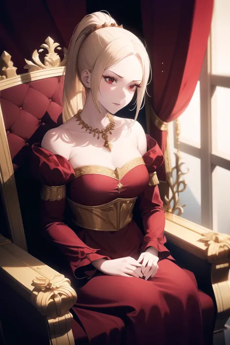 1girl, Single, Mature, Mature female,

Blonde hair, High ponytail, Hair sockets, the crown,

Red eyes, Long eyelashes, Thick eyelashes, Looking at the viewer,

Red dress, Juliet sleeves, long sleeves, Clavicle, split, necklace, Sitting in a decorated dress...