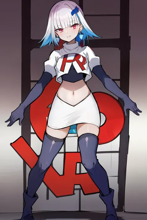 1 girl, alone ,hair covers one eye, hair ornaments ,earrings ,team rocket,team rocket uniform,white skirt,red letter R,crop top,black thigh-highs,black elbow gloves