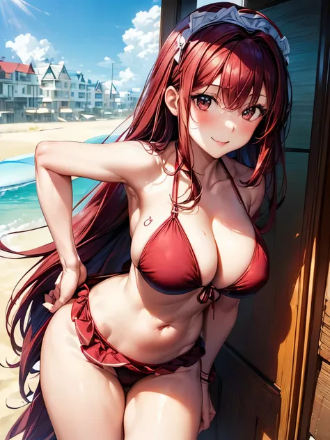 highest quality、Nice sexy body、One Woman、(solo)、((Beautiful busty woman:1.6))、(((Woman with dark red hair:1.3)))、Long hair woman、(((Woman in bikini waitress uniform at beach house:1.3)))、smile、Carrying beer