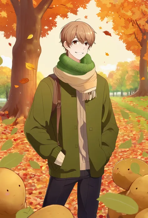 super fine illustration, best quality, anime style, handsome man, green and light brown hair, autumn attire, warm sweater, scarf, anthropomorphized potato character, potato-themed accessories, pin badge, key holder, gentle smile, autumn background, fallen ...