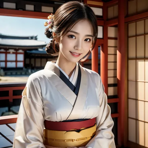 (masterpiece, best quality:1.1), (8k, raw photo, photo realistic:1.2, f22), (shiny skin), detailed skin,Chignon,detailed face, detailed eyes,smile,BREAK, real world, intricate details, smil, BREAK, 1girl, (kimono), BREAK, (kyoto:1.4), BREAK