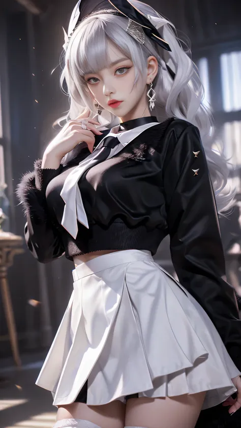 Photorealistic, high resolution, 1 Women, Solo, Hips up,Lolita costume， Beautiful eyes, White hair, ringed eyes, Collared shirt,black necktie,Black skirt, pencil skirts, Fur coat