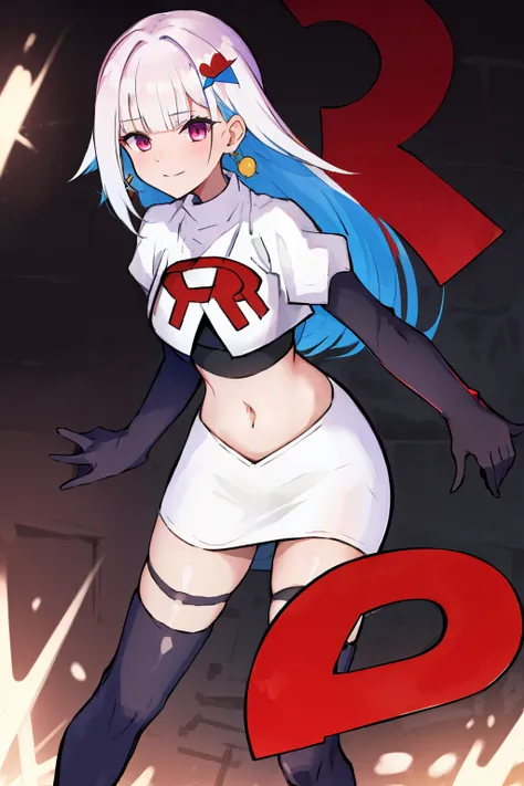 1 girl, alone ,hair covers one eye, hair ornaments ,earrings ,team rocket,team rocket uniform,white skirt,red letter R,crop top,black thigh-highs,black elbow gloves