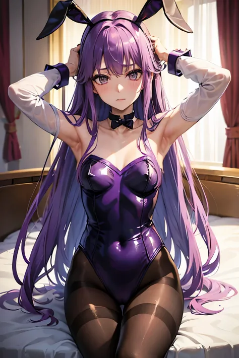 medusa、fate、purple hair、long hair、((pantyhose))、photo from below、medium chest、bedroom、bunny girlの耳、((bunny girl))、place your han...