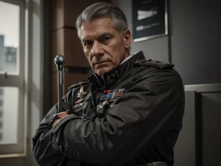 German general mature man, very masculine British face, gray hair, has his arms crossed, wears a gray military uniform with medals, is in an office on the wall there is a blue world map, Ultra detailed, hyperrealistic, 4k, Ultra detailed image, realistic, ...