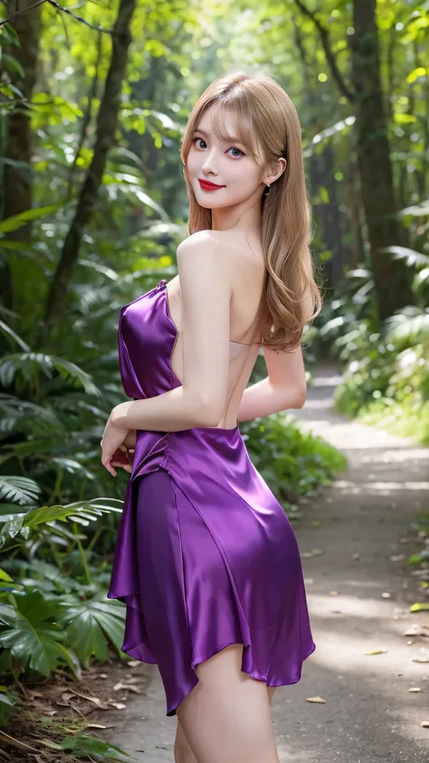 1 female々,（Standing posture）, （Long, straight legs：2.0）,（Height 2/3 is the foot:2.0）,White, shiny skin, Age 25, A small, elegant face, Red lips, ( Hair parted to one side:1.5), blue eyes, smile, Elegant young woman, long blonde shiny hair, （Purple silk dre...