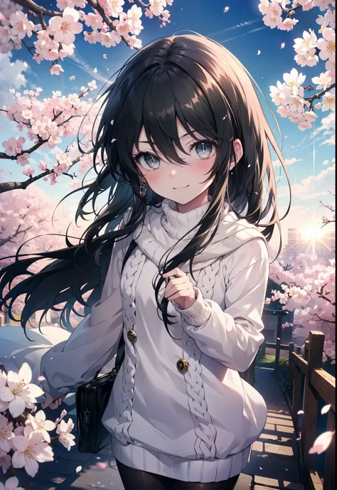 Shana,灼眼のShana,Long Hair,Black Hair, (black eye:1.5) Small breasts,smile,blush,White Sweater,Long skirt,Black pantyhose,Mini Boots,Cherry blossom tree-lined path,Cherry blossoms are blooming,Cherry blossoms are scattered,morning,morning陽,The sun is rising,...