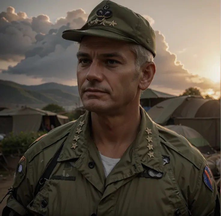 North American general, mature man, very masculine British face, gray hair, wears a military cap, wears an olive green military uniform, is outside a military camp, beautiful sunset, Ultra detailed, hyperrealistic, 4k, Ultra detailed image, realistic, High...