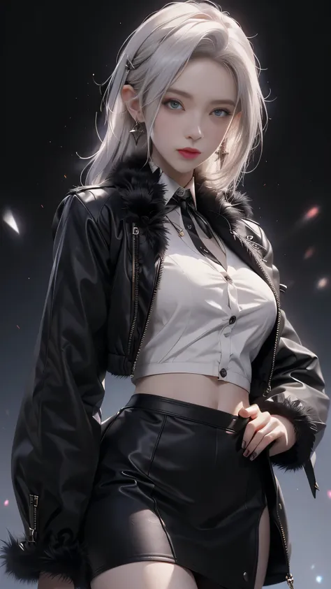 Photorealistic, high resolution, 1 Women, Solo, Hips up,Lolita costume， Beautiful eyes, White hair, ringed eyes, Collared shirt,black necktie,Black skirt, pencil skirts, Fur coat