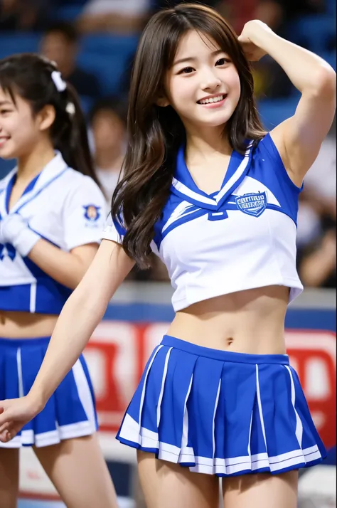 masterpiece、超High resolution、well done!、she has a very cute face and a young figure like an idol.々A 20-year-old Japanese woman with unique features、Gentle and cute、A kind smile、she&#39;Belongs to the cheerleading team、Cheerleader uniforms are bikini type、C...