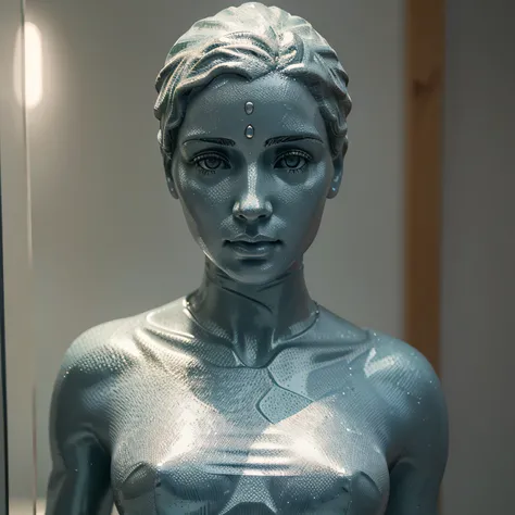 there is a glass statue of a woman holding a baseball bat, mulher de vidro transparente, statue feito de vidro, person feito de vidro, body feito de vidro, feito de vidro, face de vidro, realistic Escultura de vidro, a human head feito de vidro, pele de vi...