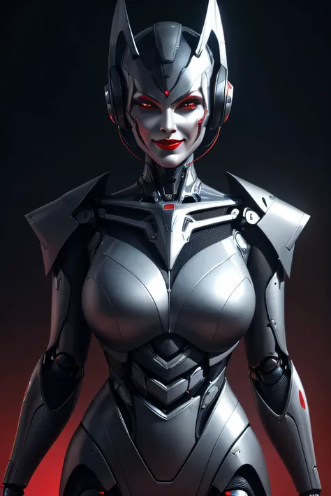 Middle-aged woman transformed into evil spy robot　Mechanical body　It has an antenna on its head　The background is the study, makeup, evil smile, red lips, UHD, retina, masterpiece, ccurate, anatomically correct, textured skin, super detail, high details, h...