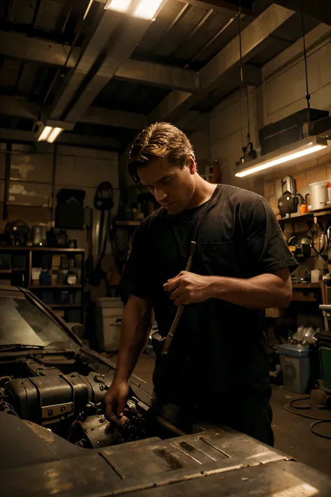 Describe a scene involving a skilled mechanic working on a car inside a well-lit garage, while his friends watch him with interest. Convey the atmosphere of camaraderie and expertise, with realistic details of the garage environment, tools, and facial expr...