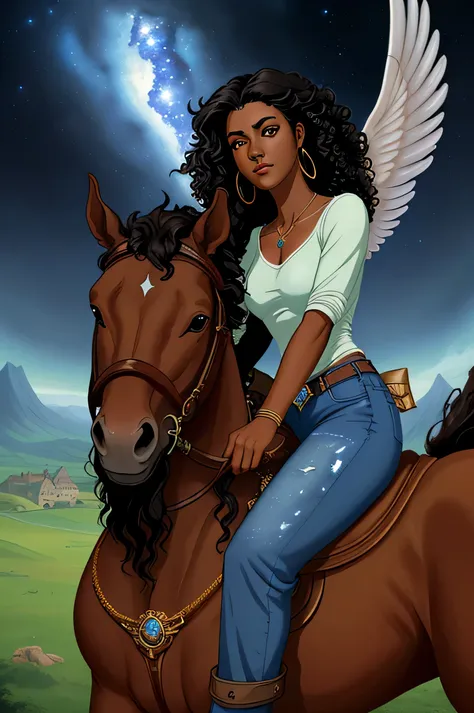 ethereal fantasy concept art of a beautiful woman, bright brown eyes, dark skin, black hair, wind, face, close-up, jeans pants, country, curly hair, nojewelry, riding on a horse. magnificent, celestial, painterly, epic, majestic, magical, fantasy art, drea...