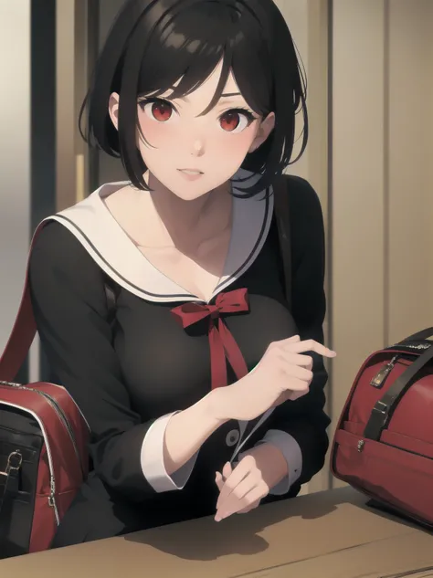 Masterpiece, top quality, super detailed, 16k, One girl, spring, high school, warm colors, school bag, accurate and highly detailed background, flock of schoolgirls in uniforms of various body shapes and hairstyles, cute. Blake. kaguya shinomiya, red eyes,...