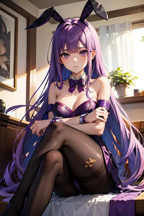 Medusa、fate、Purple Hair、Long Hair、((pantyhose))、Photo from below、Medium chest、Bedroom、Bunny girlの耳、((Bunny girl))、Sitting with legs crossed