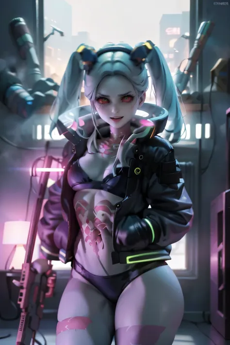 with a naughty face and a futuristic weapon in her hand, she is inside her neon-filled room