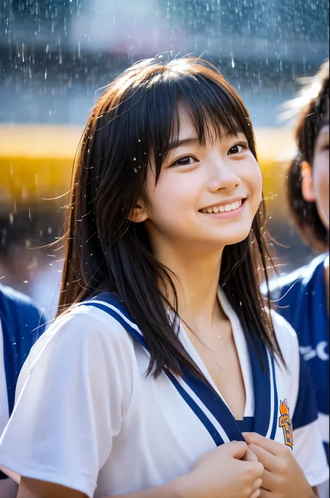 The heavy rain has left my hair, face and clothes soaked.　masterpiece、超High resolution、well done!、彼女 has a very cute face and a young figure like an idol.18 year old Japanese cheerleader、Gentle and cute、A kind smile、She is a member of the cheerleading club...