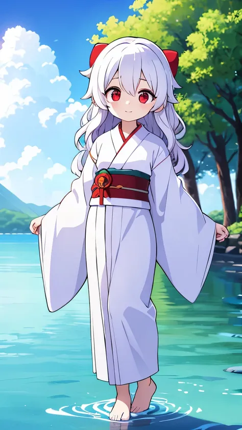 Age unknown,Unknown gender,White curly hair,Red eyes,white kimono,White Hakama,God,Standing on the water.Barefoot,Blue sky